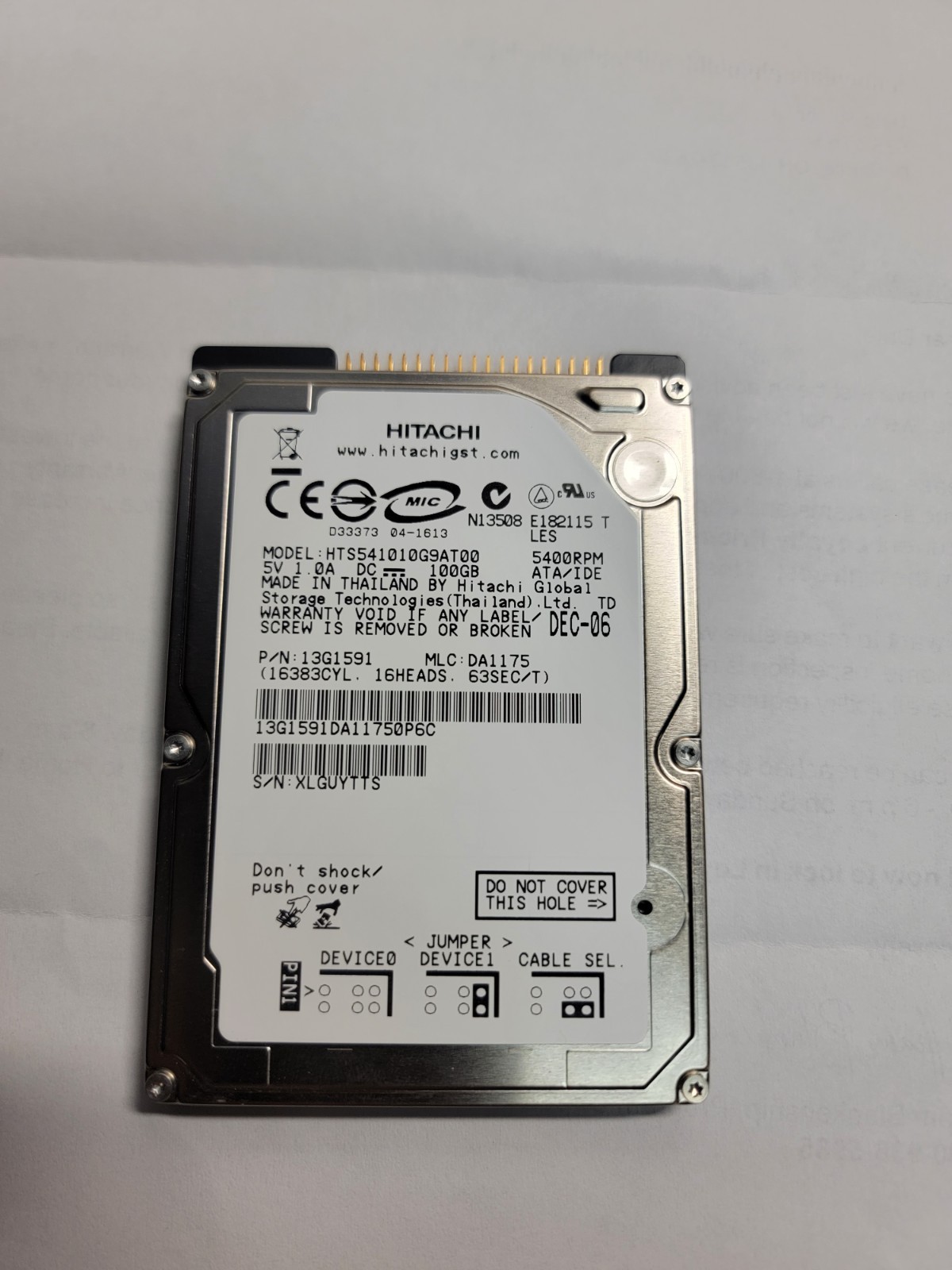 HITACHI 100 GB 5400 RPM IDE PATA 2.5″ (HTS541010G9AT00) Internal Hard Drive HDD