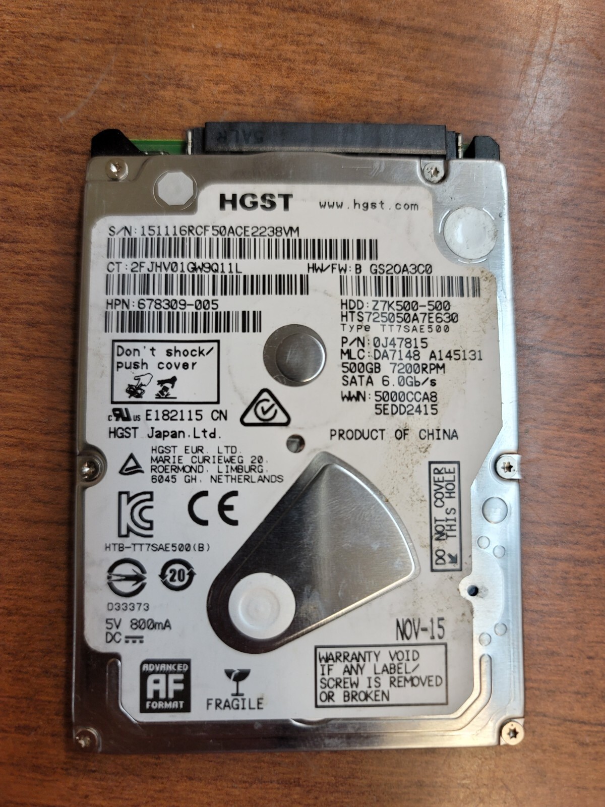 HGST 500GB 7200RPM SATA HDD HARD DRIVE 0J47815 678309-005 HTS725050A7E630 NO OS