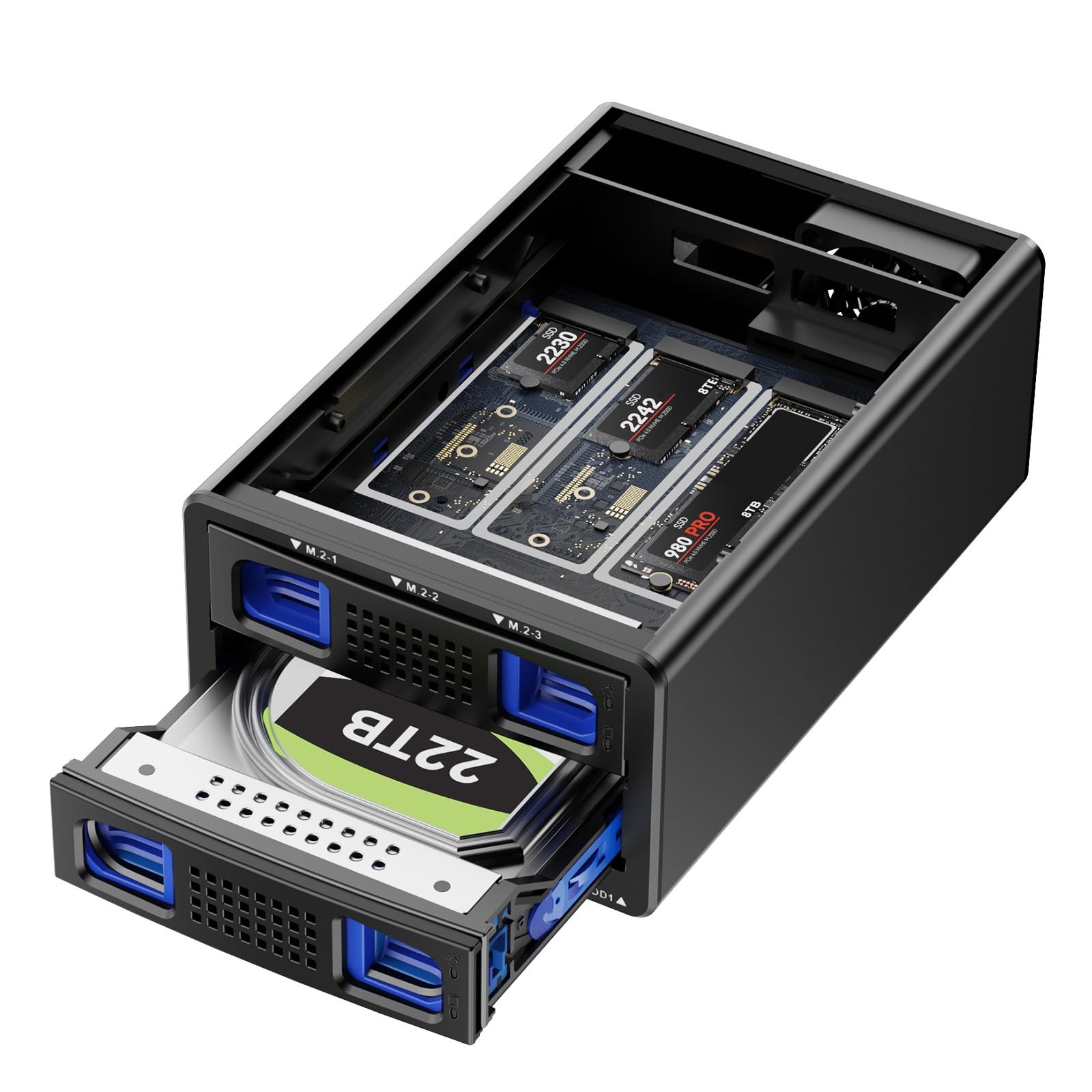 CENMATE Hybrid 2.5/3.5″ SATA HDD/SSD+3* M / B+M Key M.2 NVMe 4 bay, Black