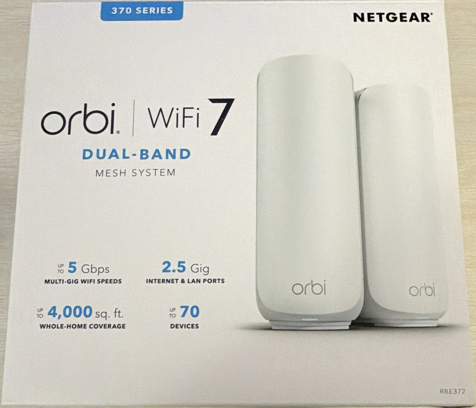 NETGEAR Orbi WiFi 7 370 Series Dual-Band Mesh System Router RBE372 5Gbps 2.5Gbps