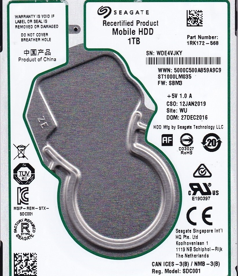 ST1000LM035 p/n: 1RK172-568 s/n: WDE f/w: SBM3 WU DEC / 2016 1TB SATA 2.5″ 8007