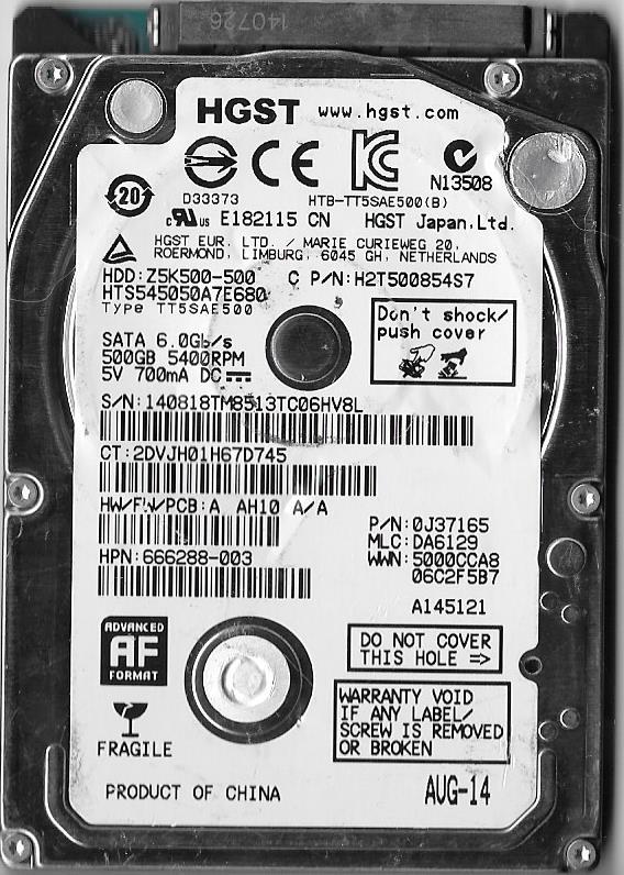 HGST HTS545050A7E680 500GB SATA HARD DRIVE P/N: 0J37165 MLC: DA6129