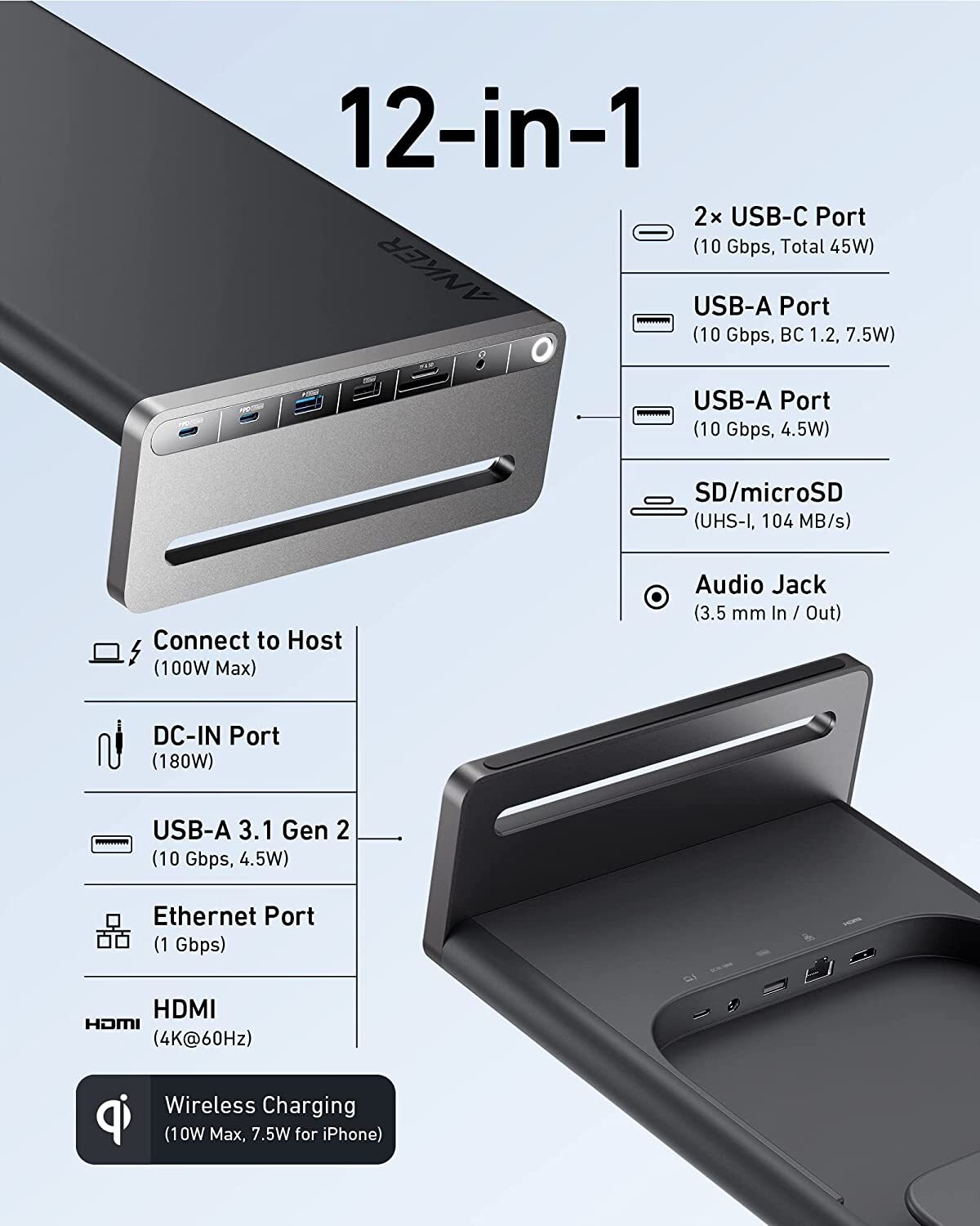 Anker675 USB-C Docking Station Wireless Charging Pad for MacBook/Dell/Lenovo/HP