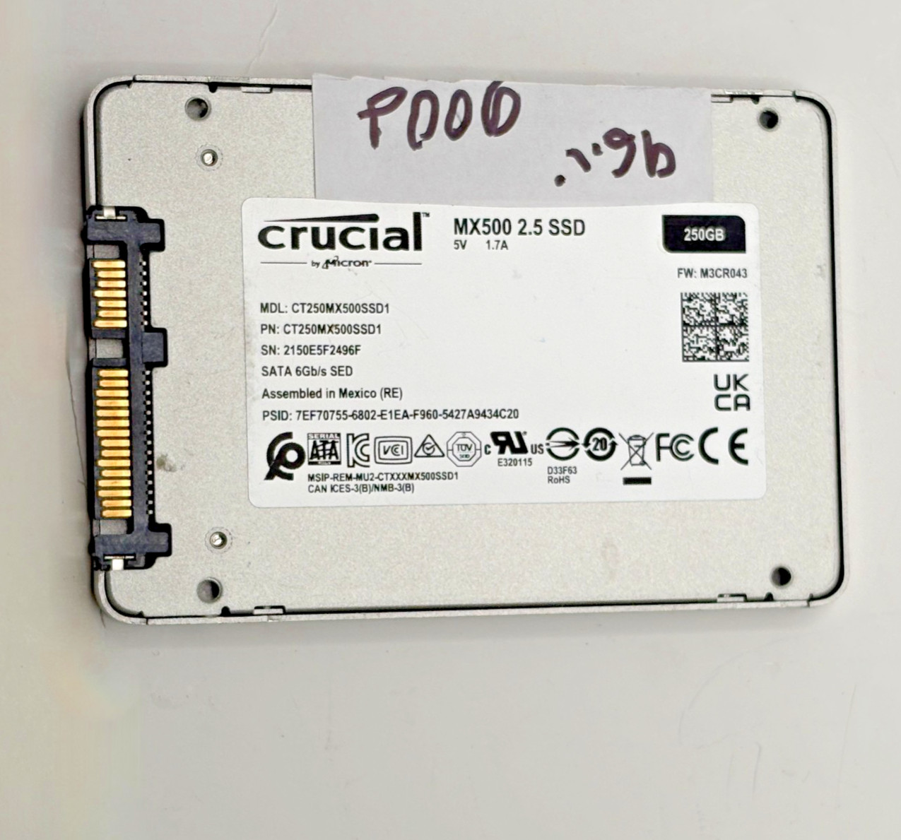 Crucial MX500 250GB 2.5″ SATA 3D NAND SSD 96% Health Wiped CT250MX500SSD1