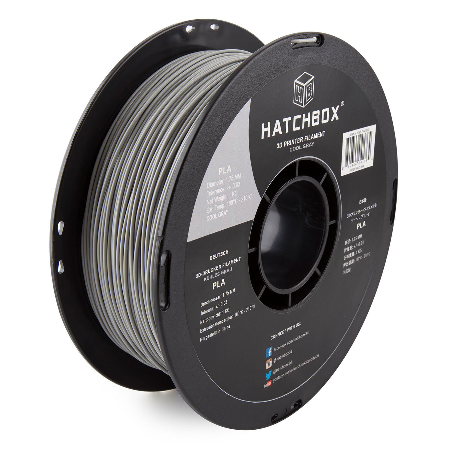 HATCHBOX PLA 1.75 mm 3D Printer Filament in Gray, 1kg Spool
