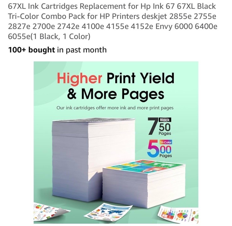 67XL High Yield Ink Cartridge Black/Color Combo replacement for HP