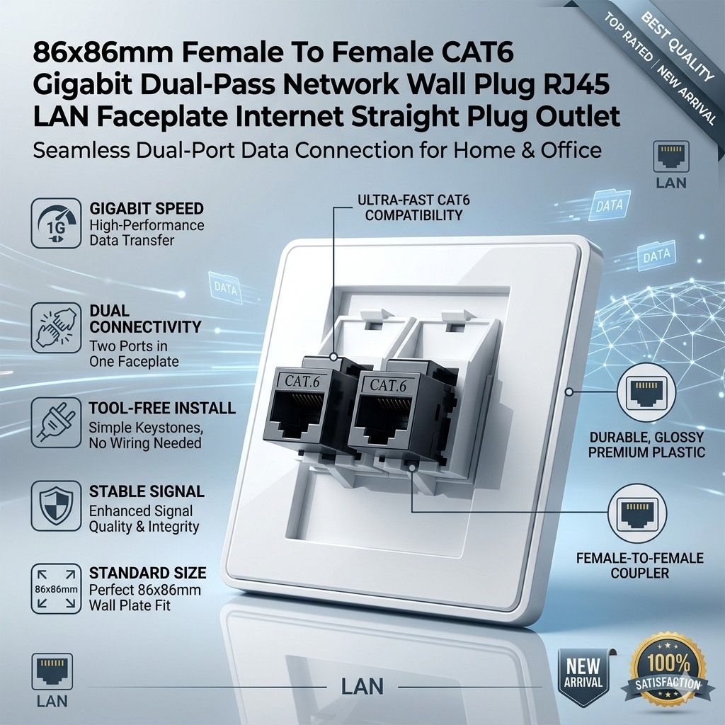 86x86mm Female to Female CAT6 Gigabit Dual-Pass Network Wall Plug, RJ45 LAN Face