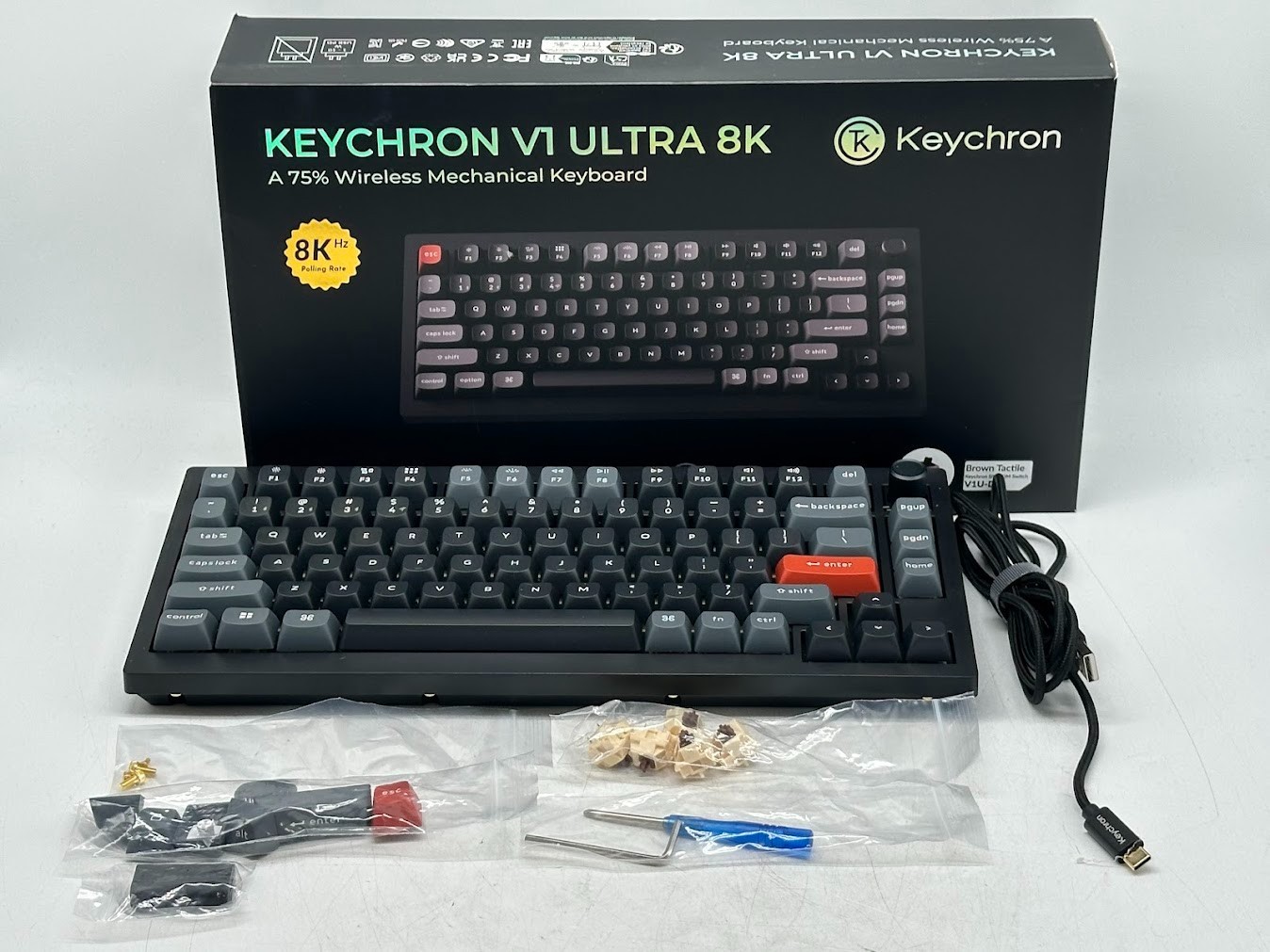 Keychron V1 Ultra 8K Wireless Mechanical Keyboard, Brown Silk POM Switch – Black