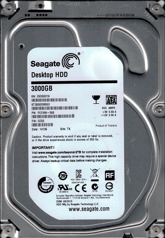 ST3000DM003 P/N: 1F216N-568 F/W: CC52 TK Z6D Seagate 3TB