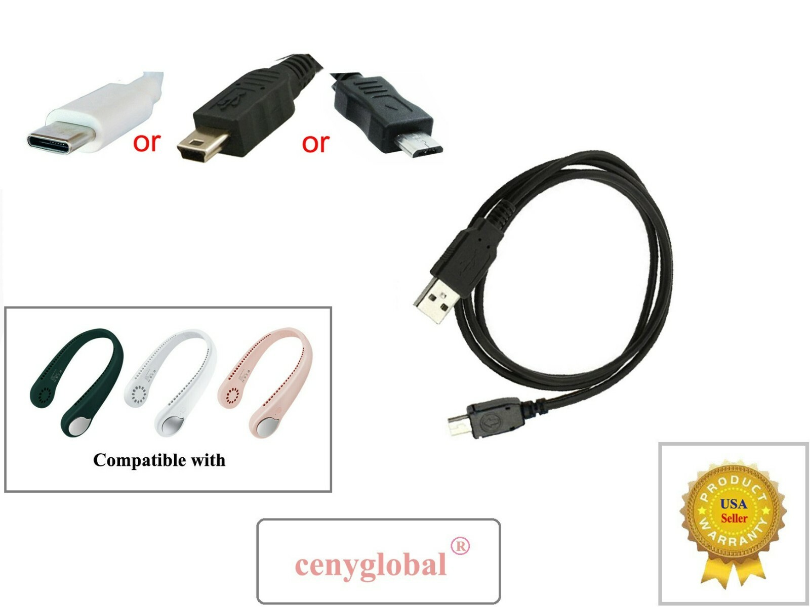 USB Cord For Portable Hanging Neck Fan Cooling Air Cooler Electric Conditioner