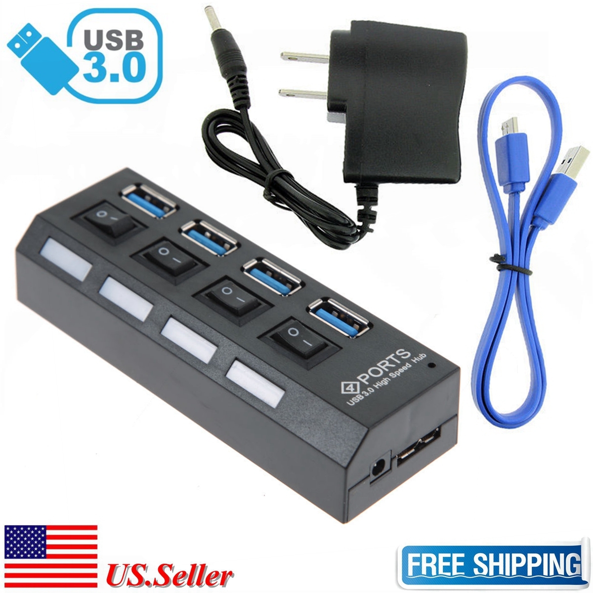 NEW 4 Ports USB 3.0 Hub Speed up to 5Gbps for PC laptop with on/off switch Black