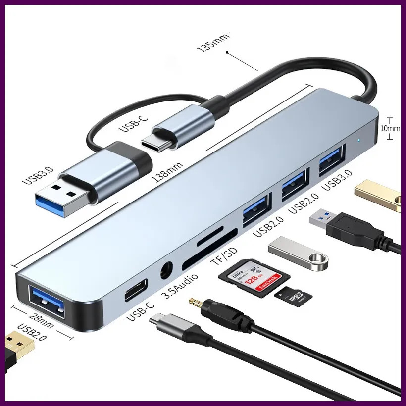 8 in 2 USB +Type C HUB Docking Station with 3.5mm Audio Jack Adapter Micro SD.