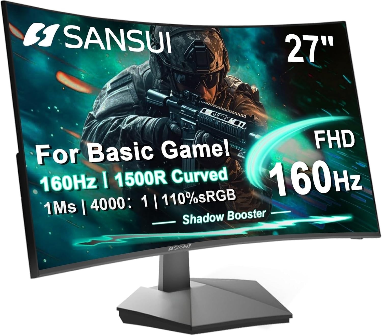 SANSUI 27 Inch Curved 160Hz Gaming Monitor, 1500R Curved Computer Gaming Monitor