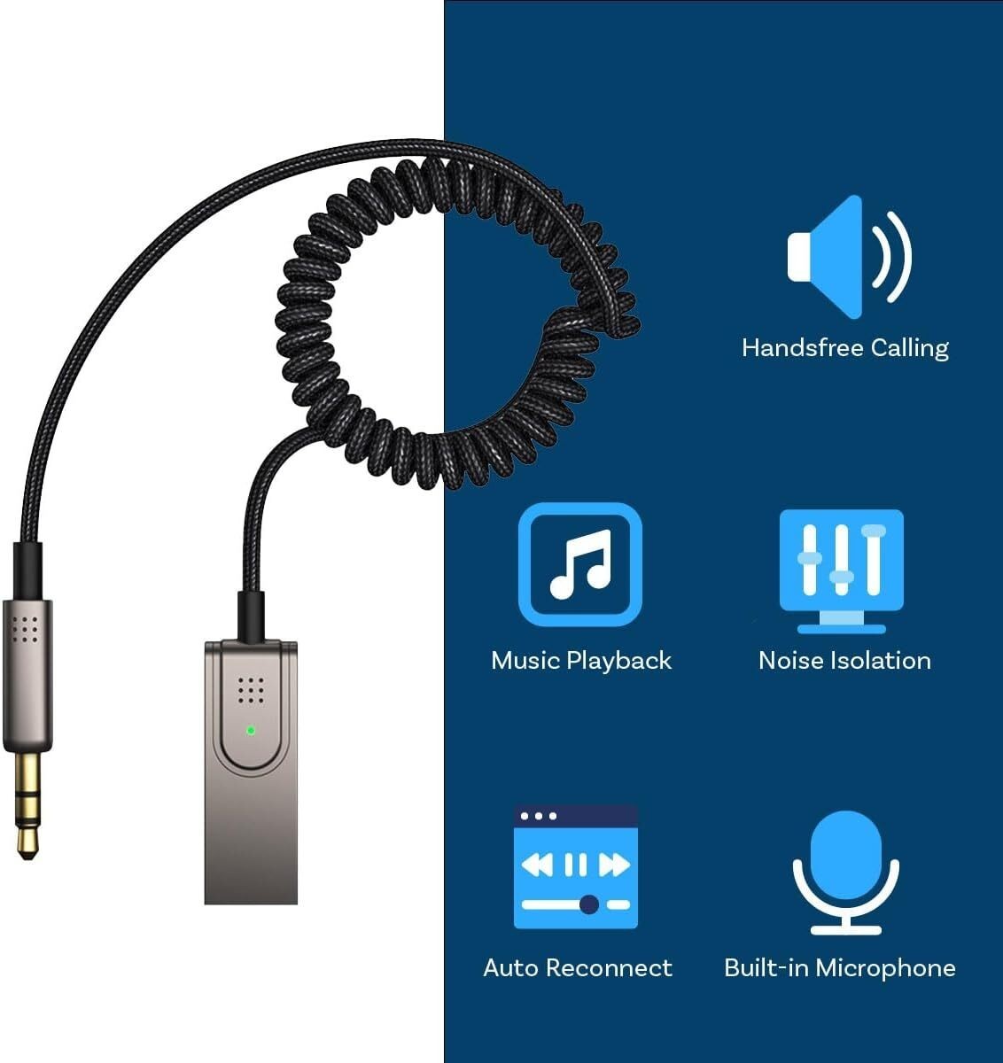 USB to AUX Bluetooth 5.1 Car Adapter 3.5mm Wireless Receiver Hands-Free Mic