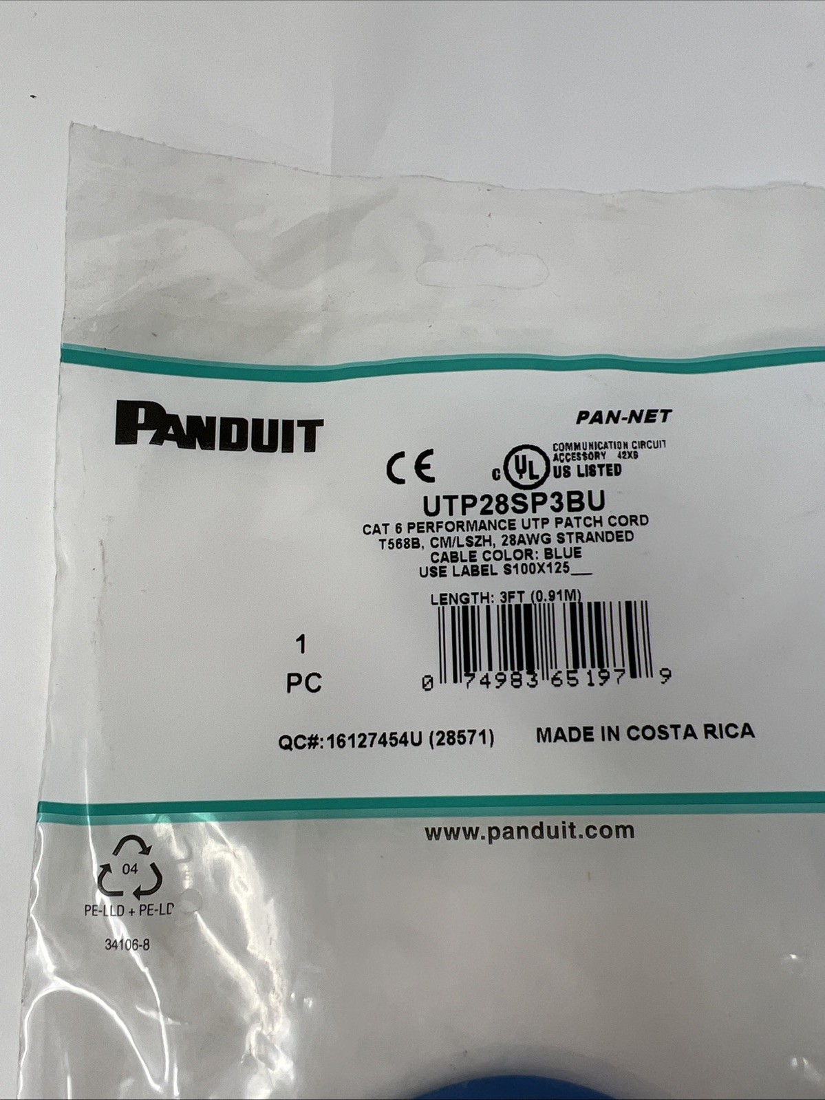 Panduit UTP28SP3BU CAT 6 Performance UTP Patch Cord, 28 AWG Stranded, 3 Feet