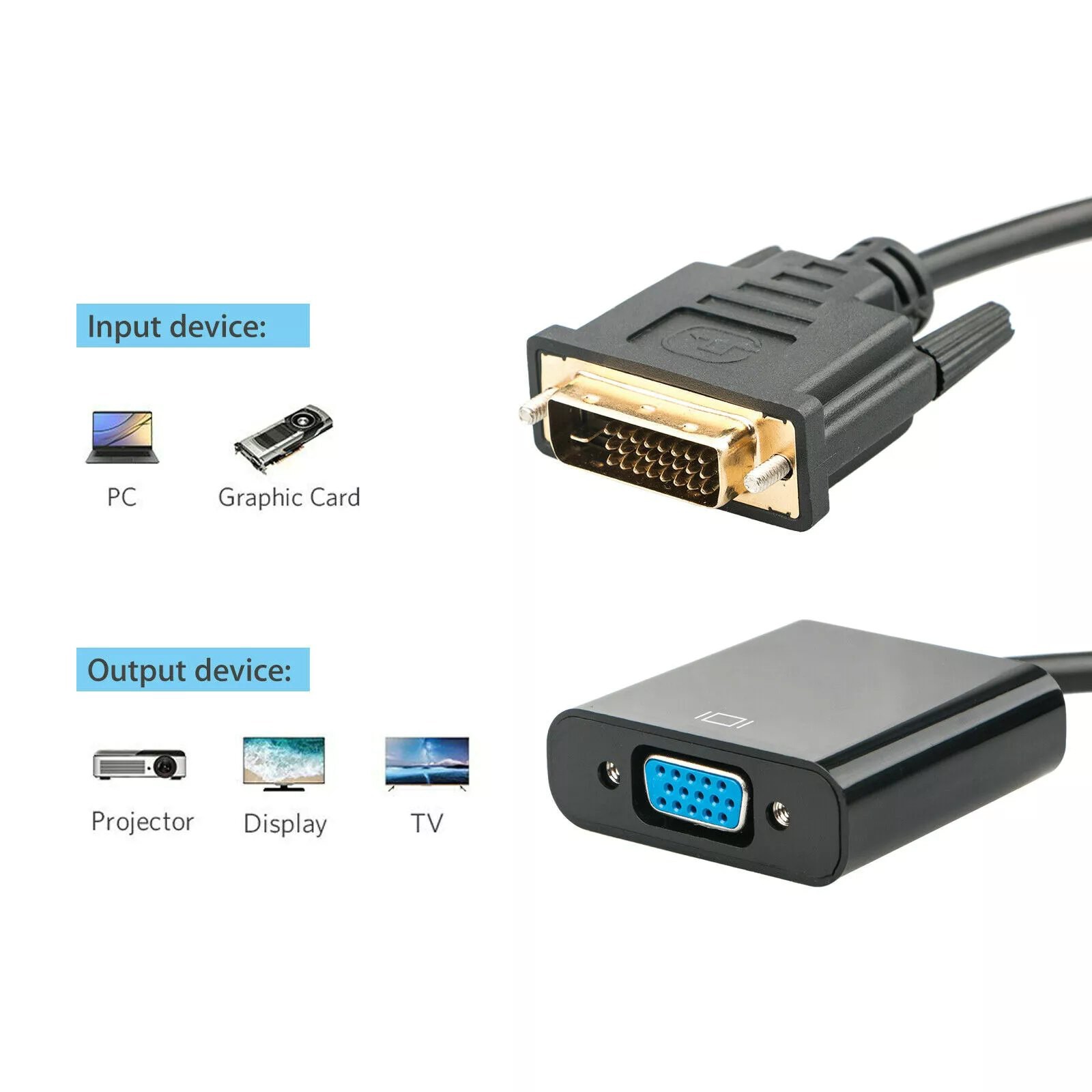 Plug-N-Play DVI to VGA Cable Adapter 1080P HD Converter No Drivers Needed