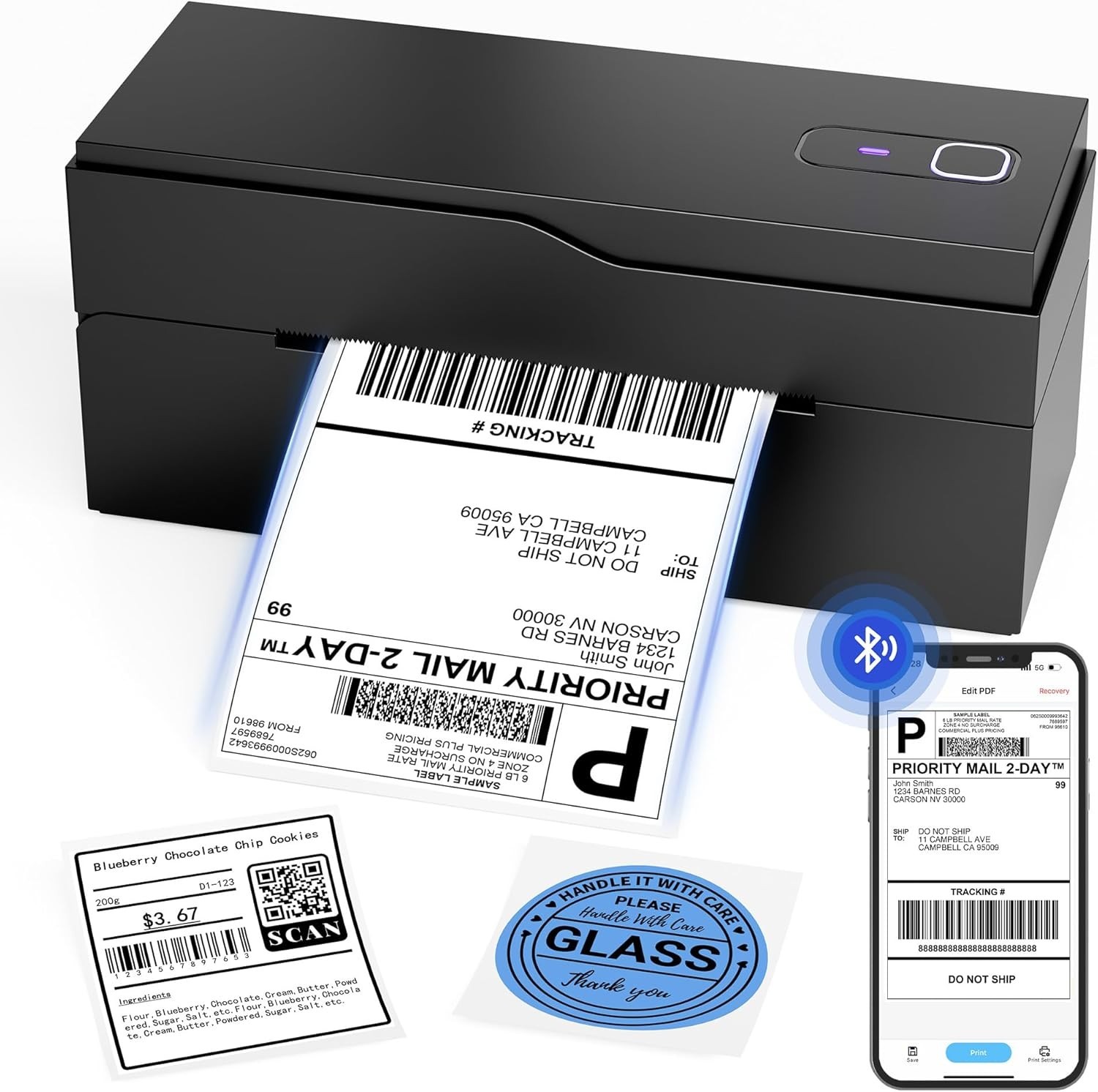 Shipping Label Printer Bluetooth+USB 4×6 Thermal Label Printer +30 Free Labels