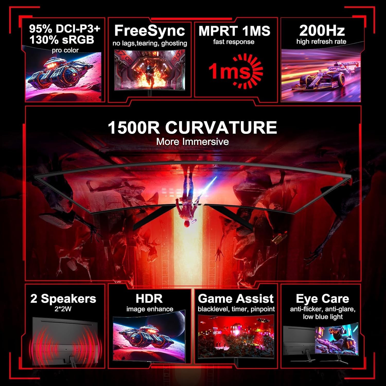 SANSUI 27 Inch Curved Gaming Monitor 200Hz 180Hz 1ms with Speakers FHD 1080P …
