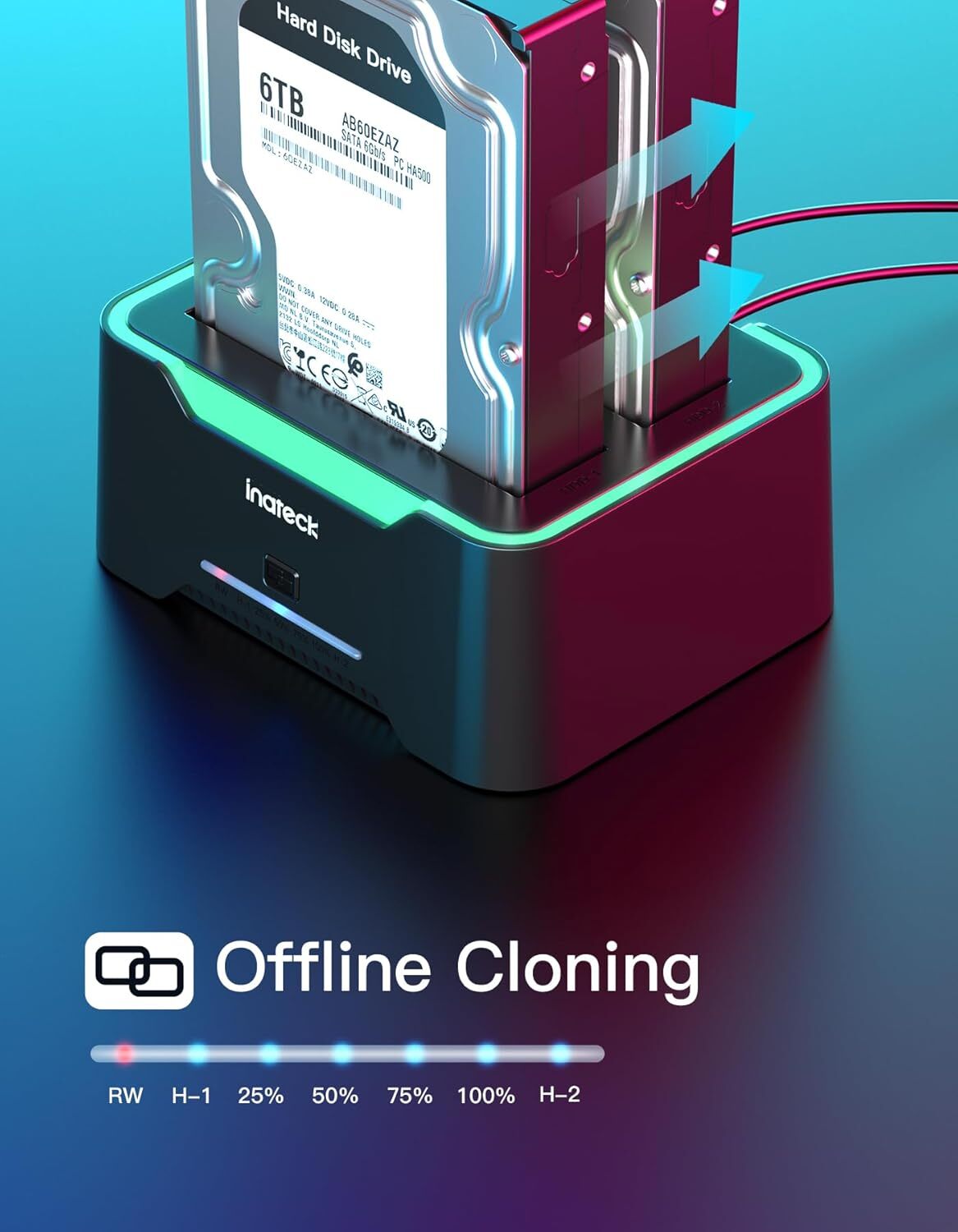 Inateck RGB SATA USB 3.0 Hard Drive Docking Station Offline Clone 2.5″ 3.5″ HDD