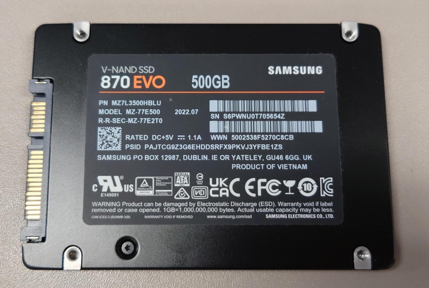 MZ-77E500 SAMSUNG 870 EVO 500GB 2.5″ SATA V-NAND SOLID STATE DRIVE – 100% HEALTH