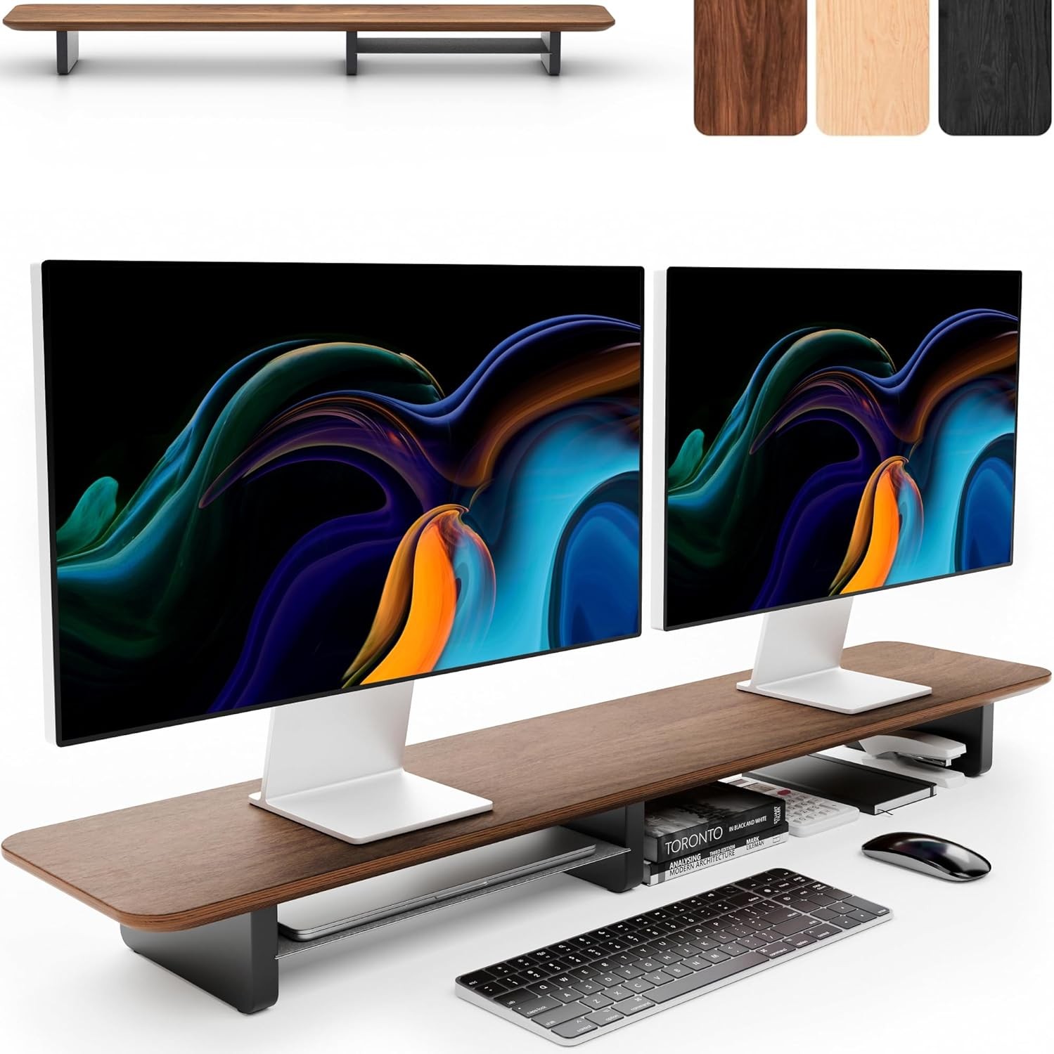 KIVY Dual Monitor Riser Wooden Desk Shelf Large Walnut