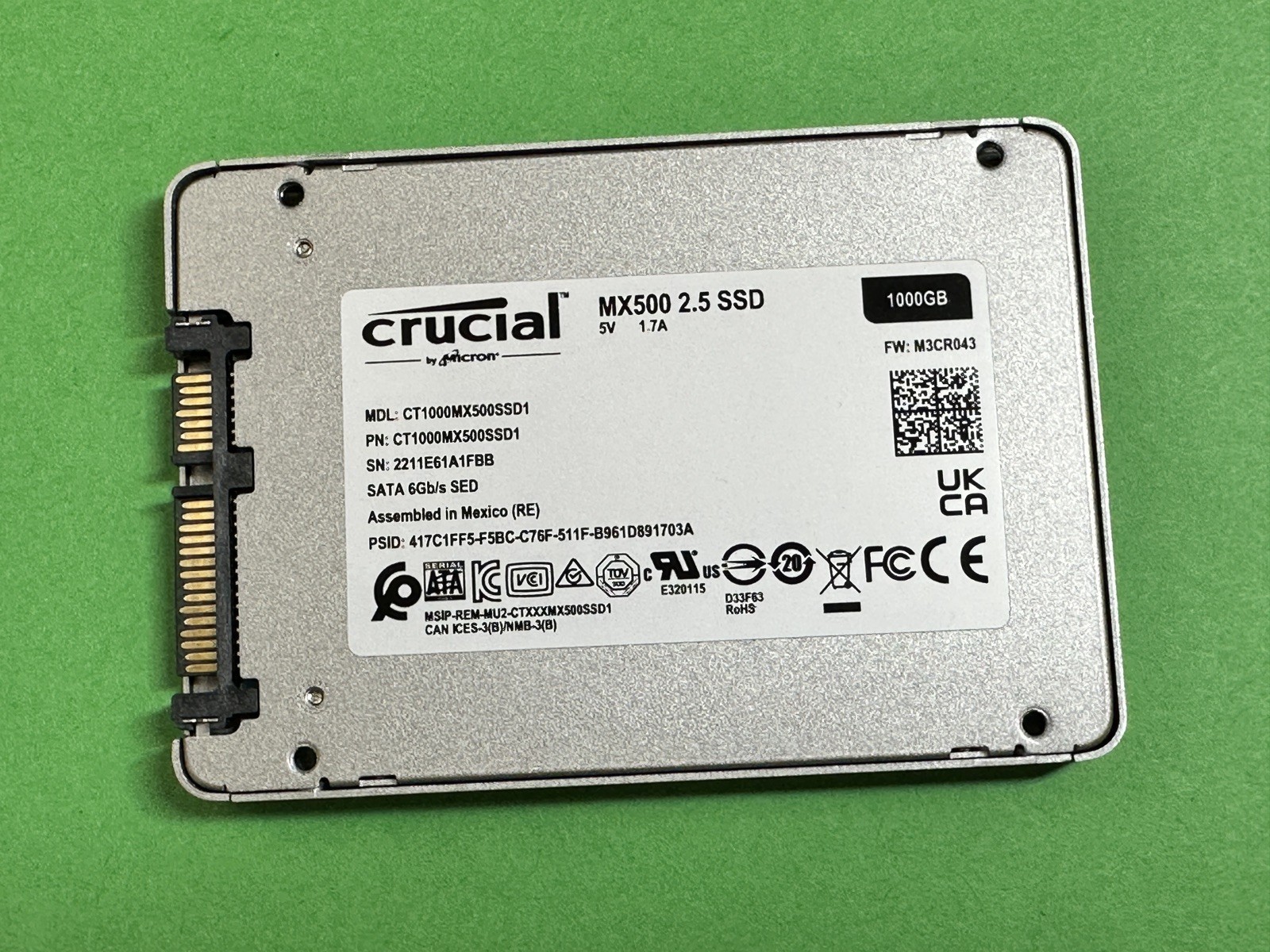 Crucial MX500 1TB 2.5” SATA III SSD CT1000MX500SSD1 0 Hours 100% Health