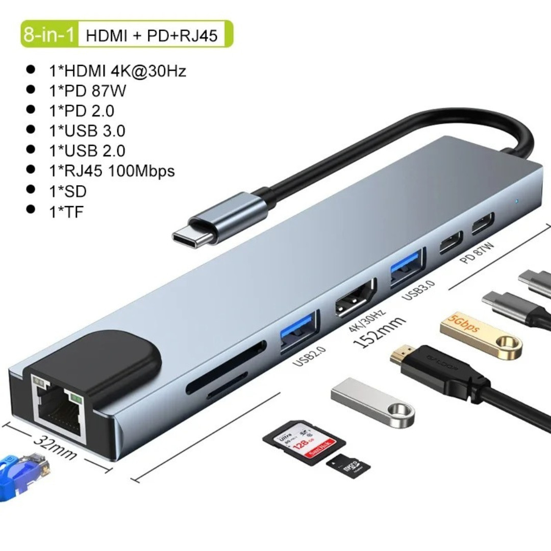 8 in 1 USB-C Hub Type C To USB 3.0 4K HDMI PD Adapter For iPhone Macbook Pro Air