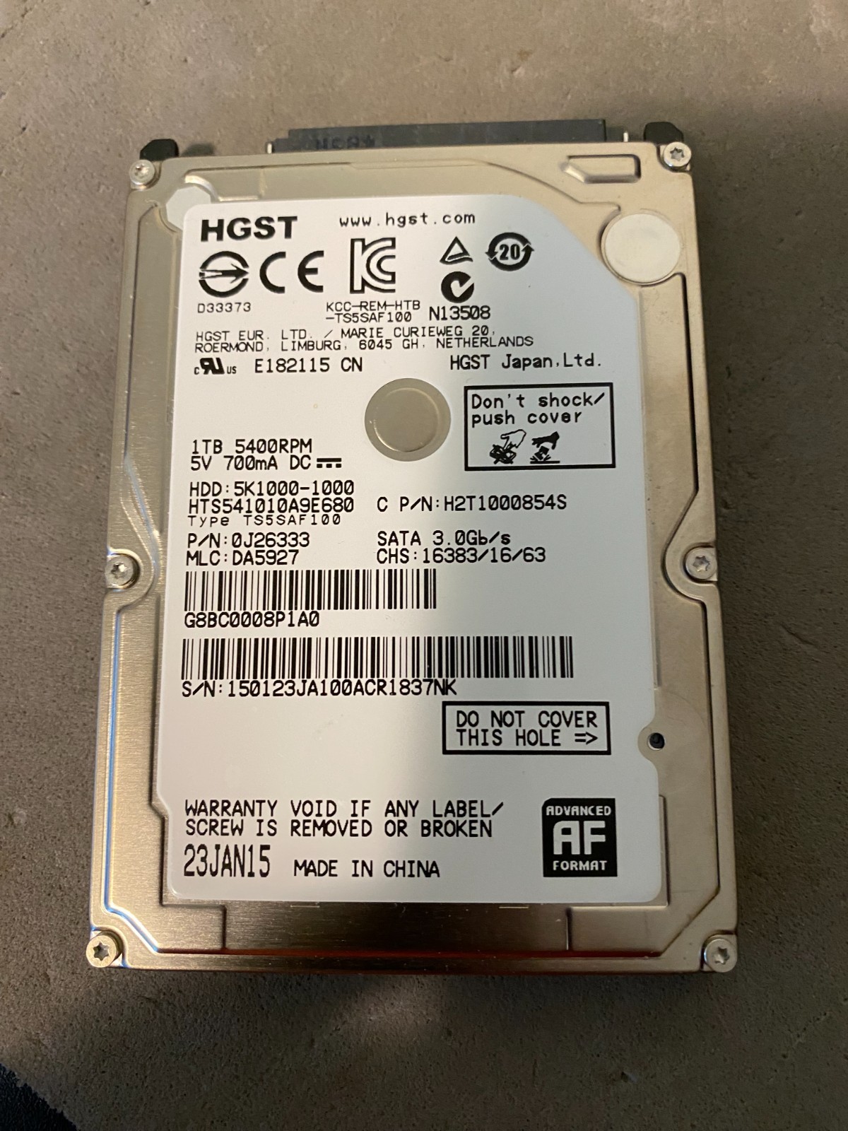HGST 1Tb HARD DRIVE 2.5 5K1000-1000 HTS541010A9E680 DA5218 0J26213 5400rpm
