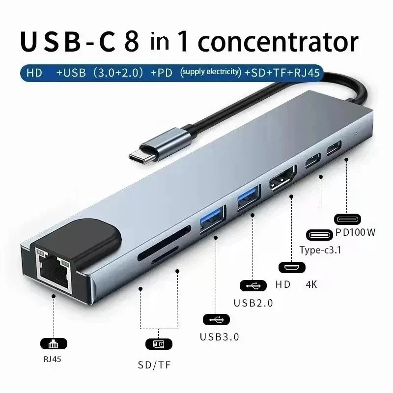 8 in 1 USB-C Hub Type C To USB 3.0 4K HDMI PD Adapter For iPhone Macbook Pro