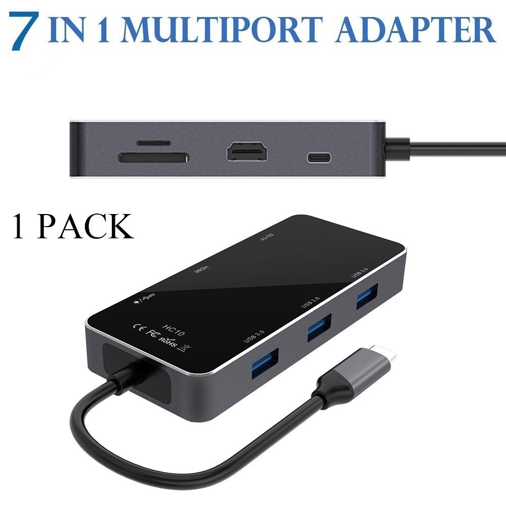 7 in 1 Multiport Hub Adapter Type-C To USB 3.0, 4K HDMI and SD TF Slots black