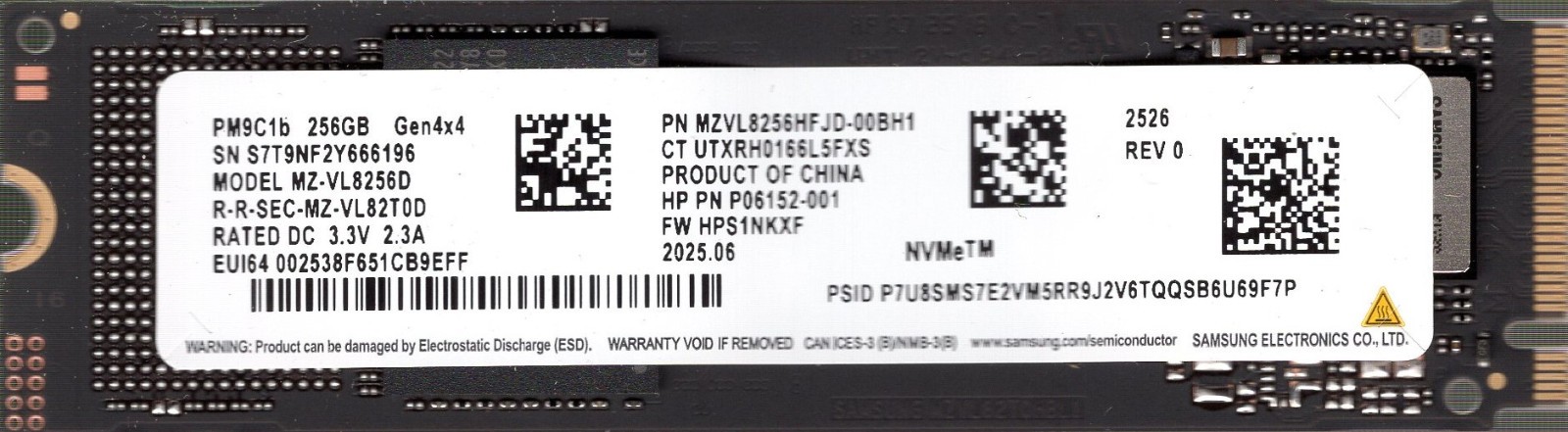 SAMSUNG MZVL8256HFJD-00BH1 256GB GEN4X4 NVME SSD (GENUINE HP P06152-001) – NEW