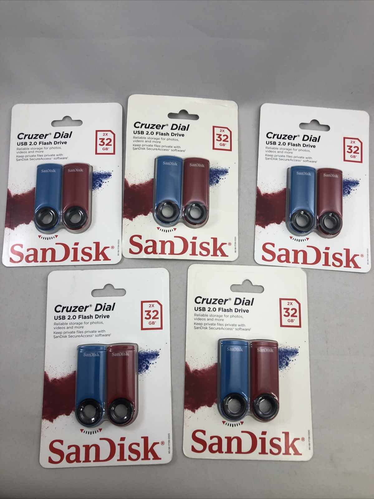 5 SanDisk Cruzer Dial 32GB USB 2.0 Flash Drives (2-Pack) – Blue / Red Bulk Sale