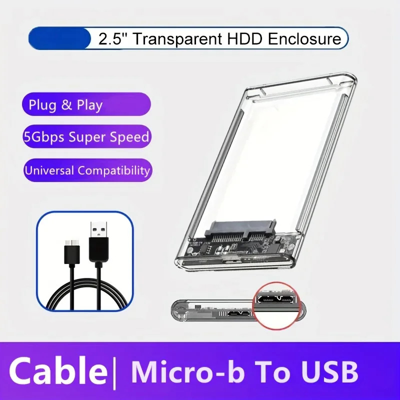 2.5 Inch Transparent Mobile External Hard Drive Case, SATA to USB 3.0/Type C Har