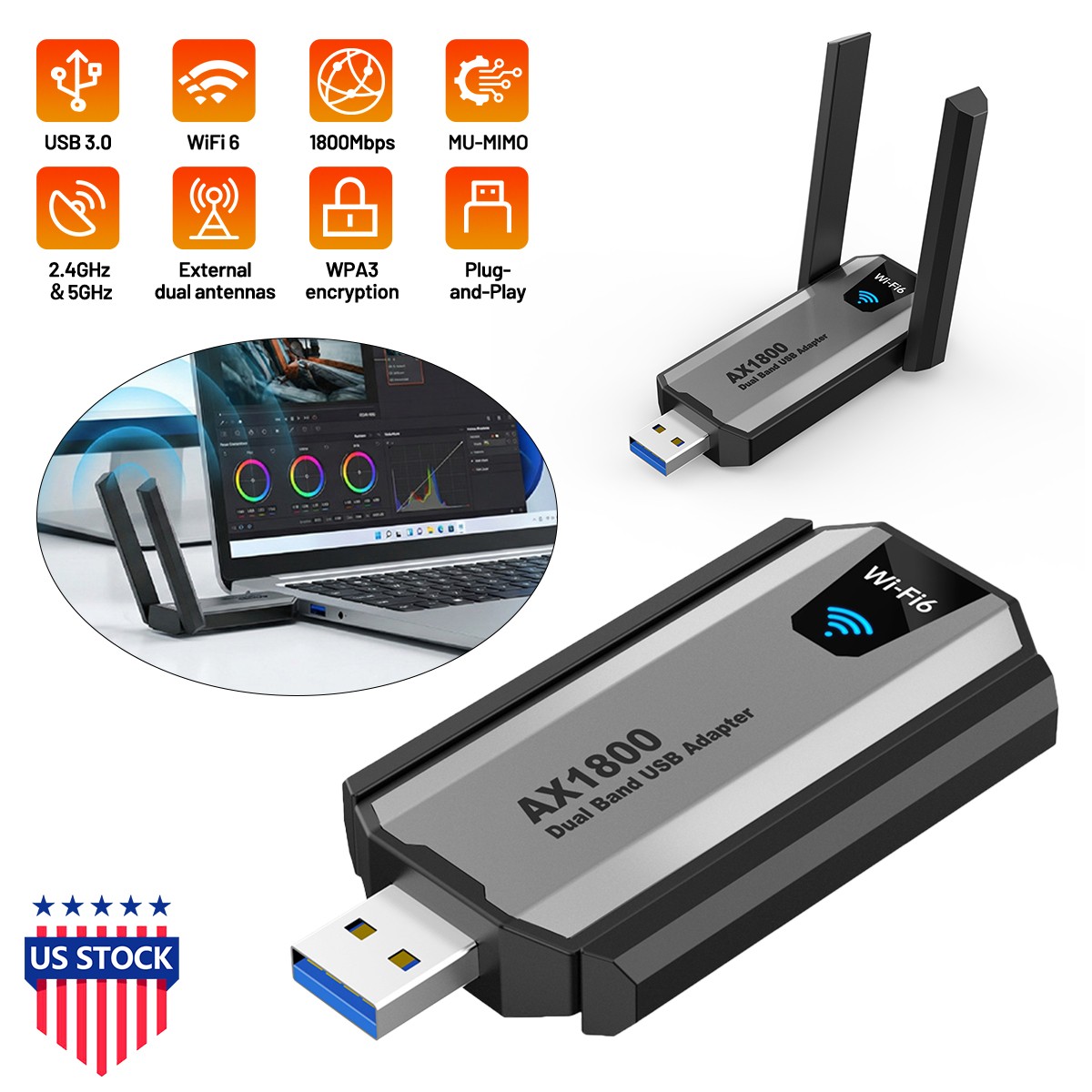 WiFi 6 USB Adapter AX1800 1800Mbps Dual Band High Gain Antenna WPA3 Plug Play