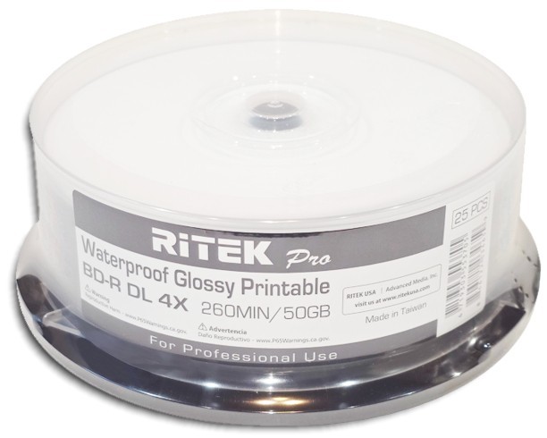 50-Pak RITEK PRO Waterproof GLOSSY White Inkjet Hub 50GB 4X Blu-ray BD-R DL