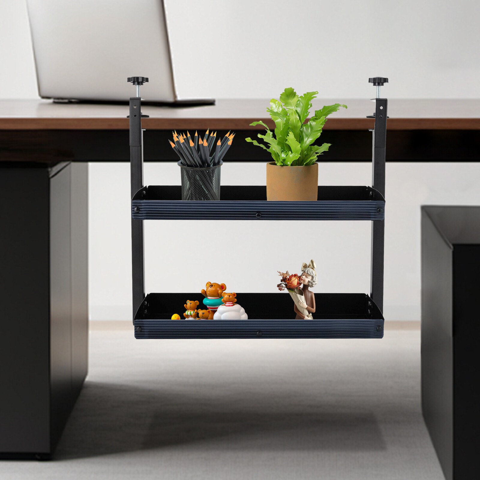 2-Tier Desktop or Under-Desk Shelf Clamp-on Shelving W/ Adjustable Storage Tray