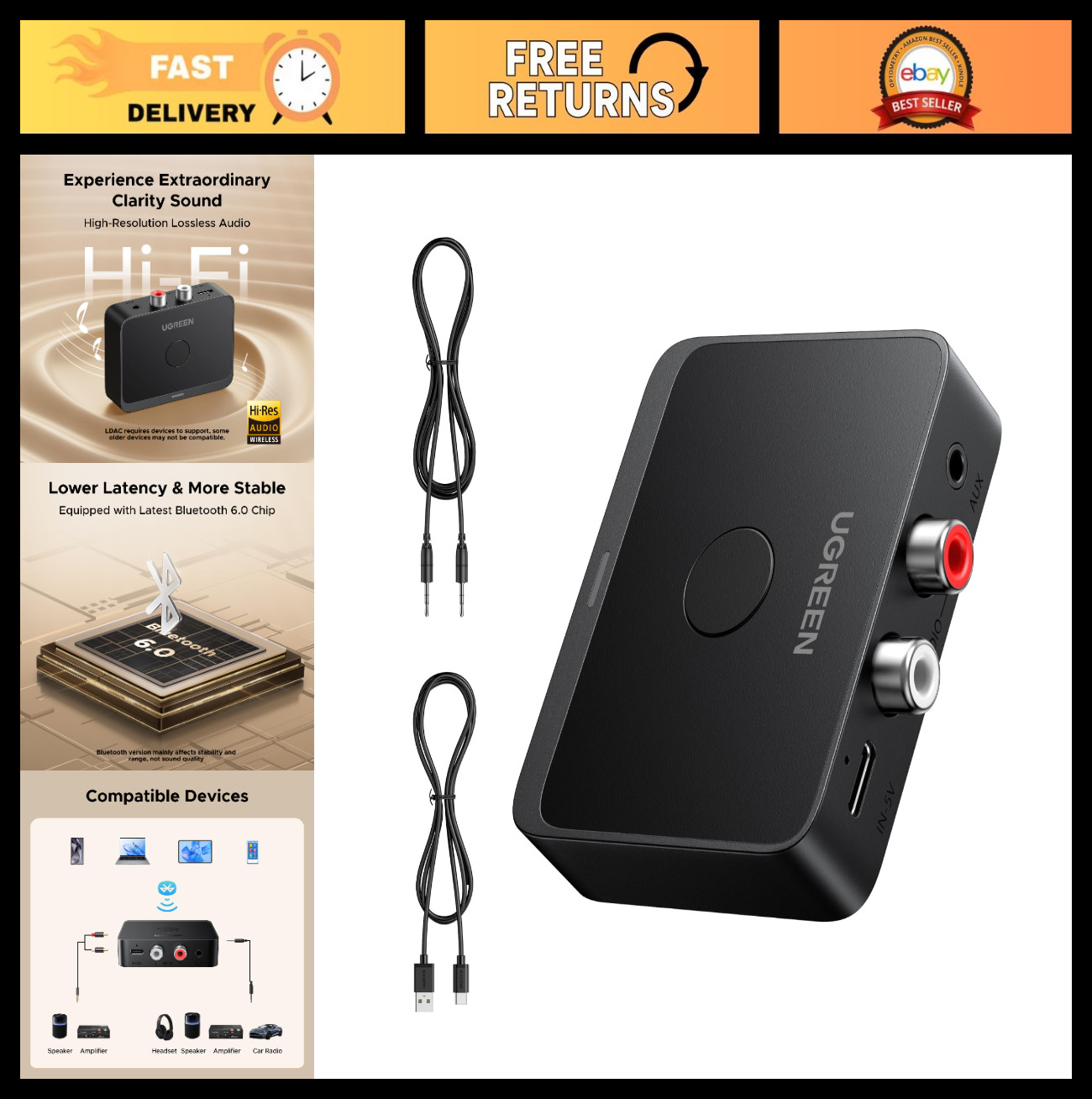 Bluetooth 6.0 Receiver, Hi-Res Wireless Audio Adapter, Low Latency for Stereo &