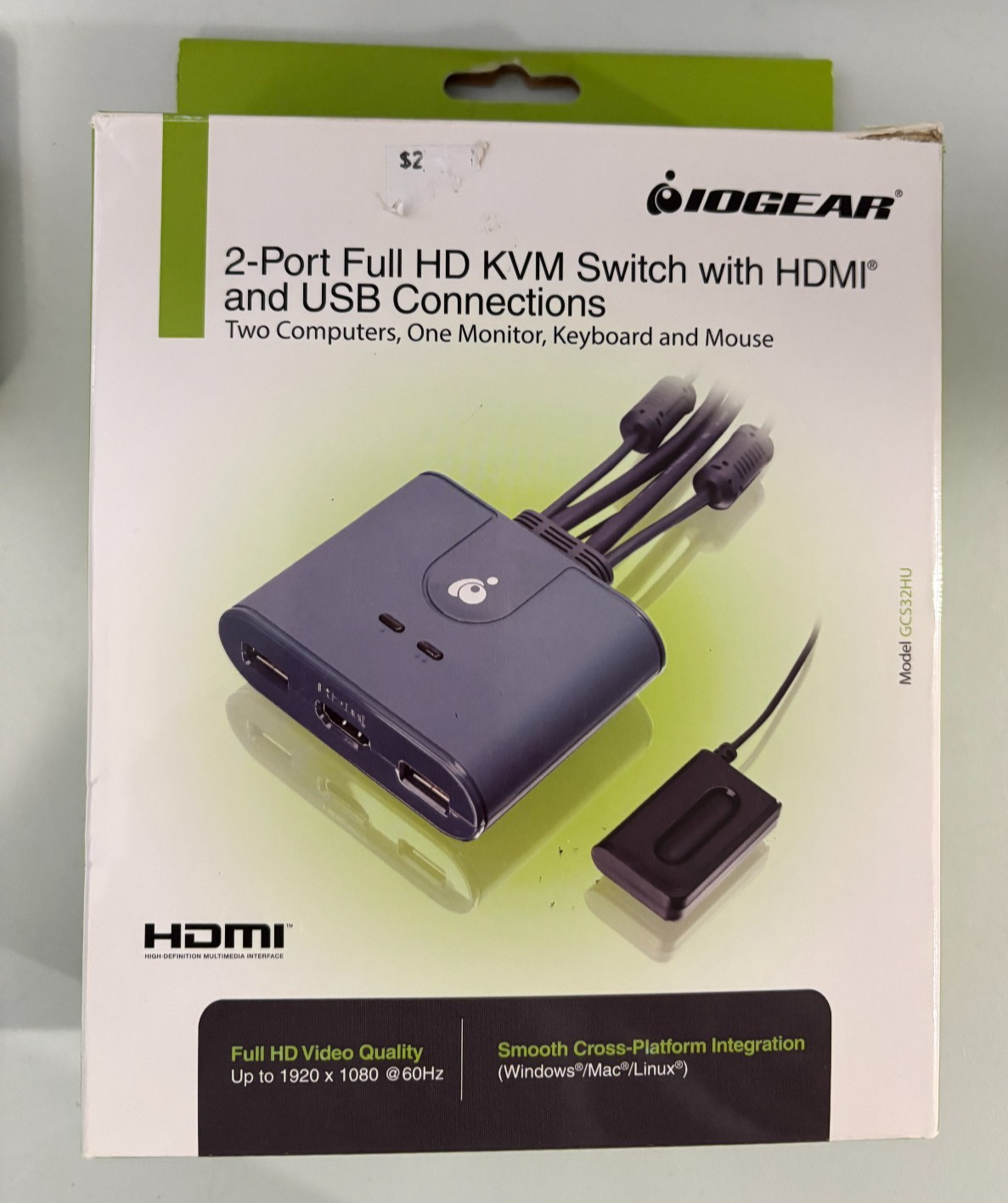 IOGEAR 2-Port HDMI KVM Switch USB Cables 1080p GCS32HU Power