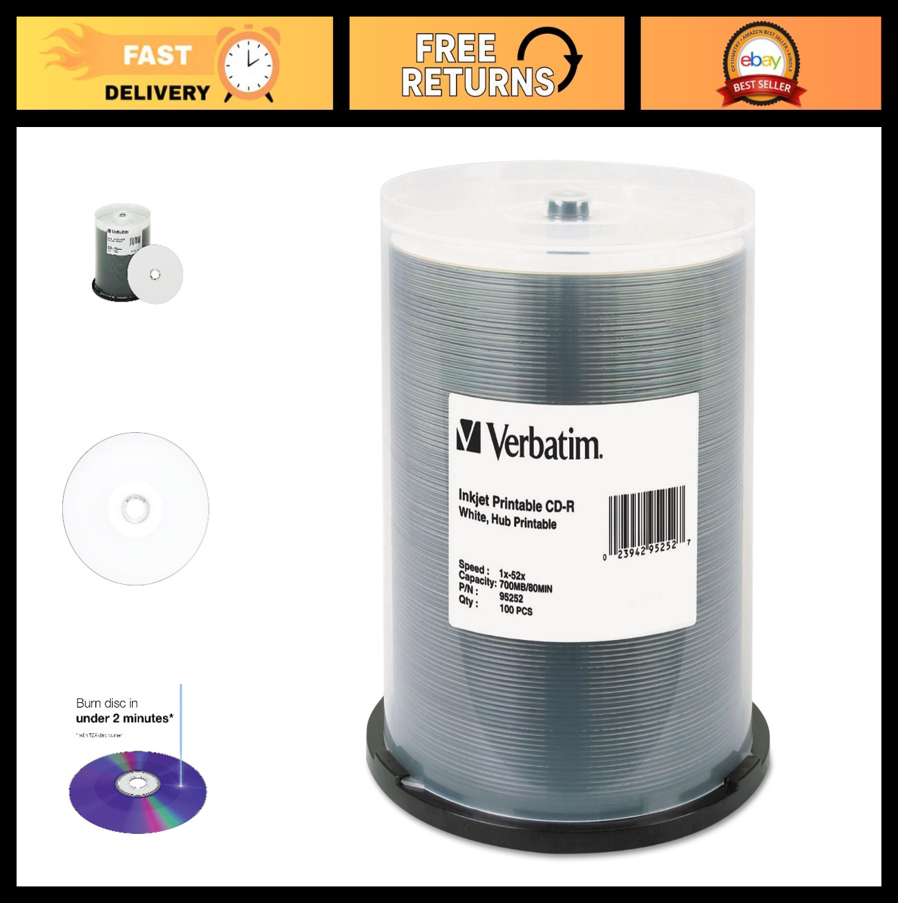 100pk CD-R 700MB 52X Printable Discs – White Inkjet Hub Recordable Media