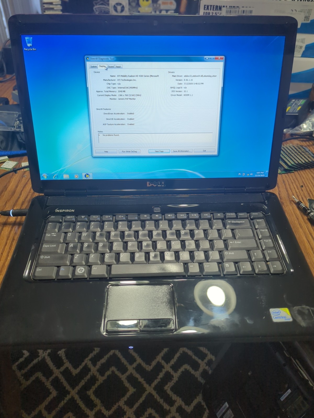 Dell Inspiron 1545 (win 7-3gb Ram – 120gb SSD -c2d- Wi-Fi – Webcam – Dvd-rw)