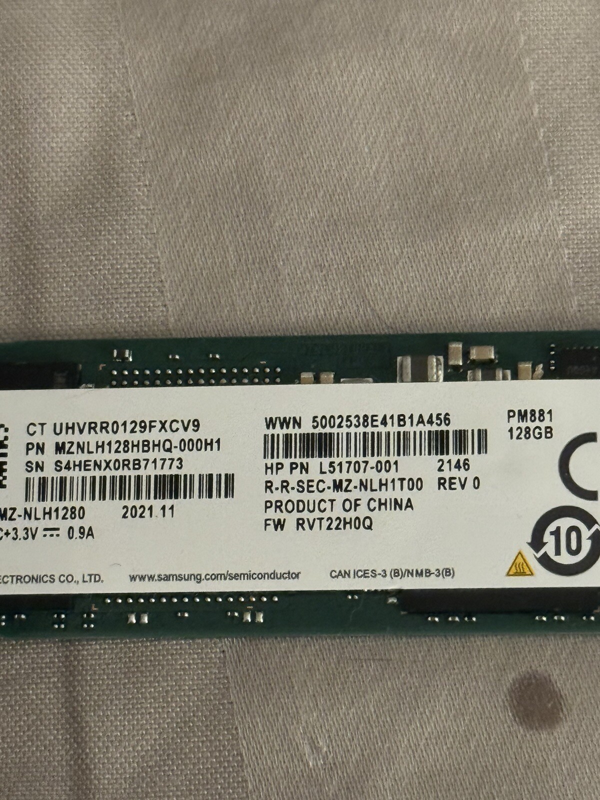 HPE MZ-NLH1280 MZNLH128HBHQ L51707-001 SAMSUNG PM881 128GB SATA III SSD M.2 2280
