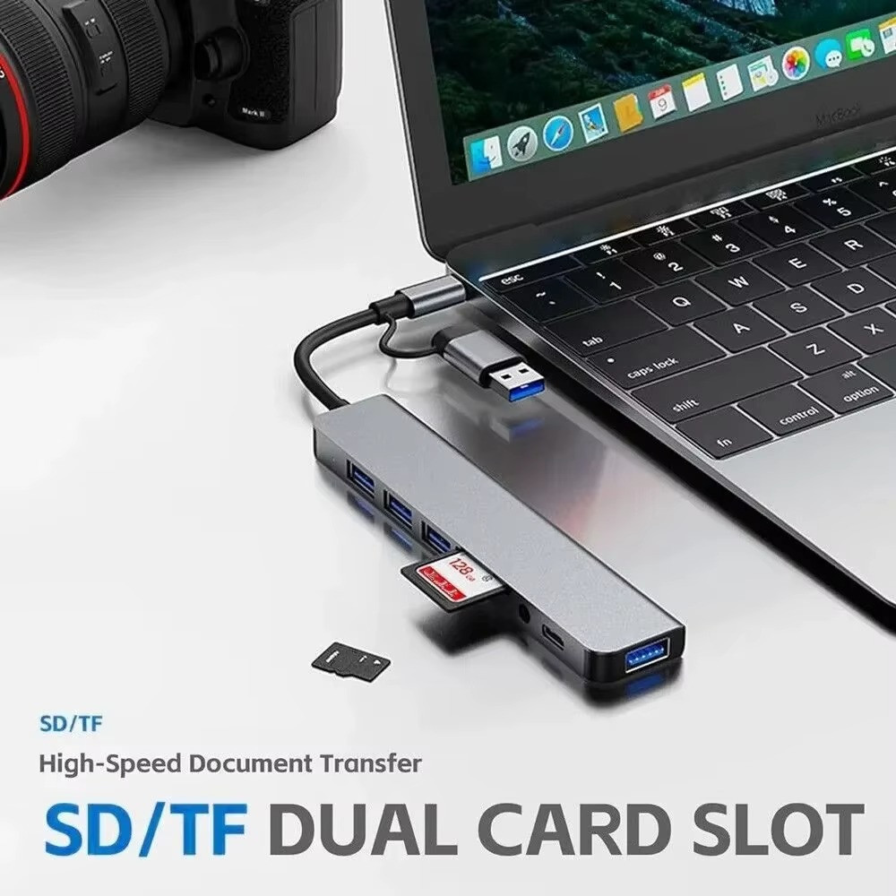 8-in-2 USB + Type C Hub Docking Station with Audio Jack & SD Card Reader Adapter