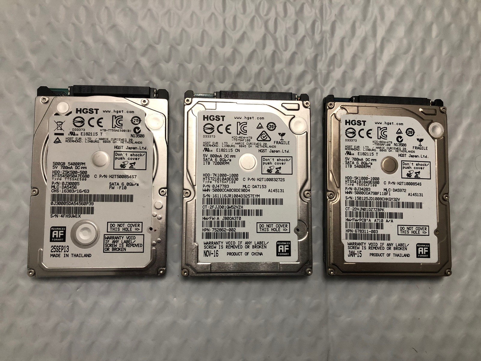 Set of 3: HGST HARD DRIVE 7K1000 1TB, 5K1000 1TB, Z5K500 500GB For Laptop SATA