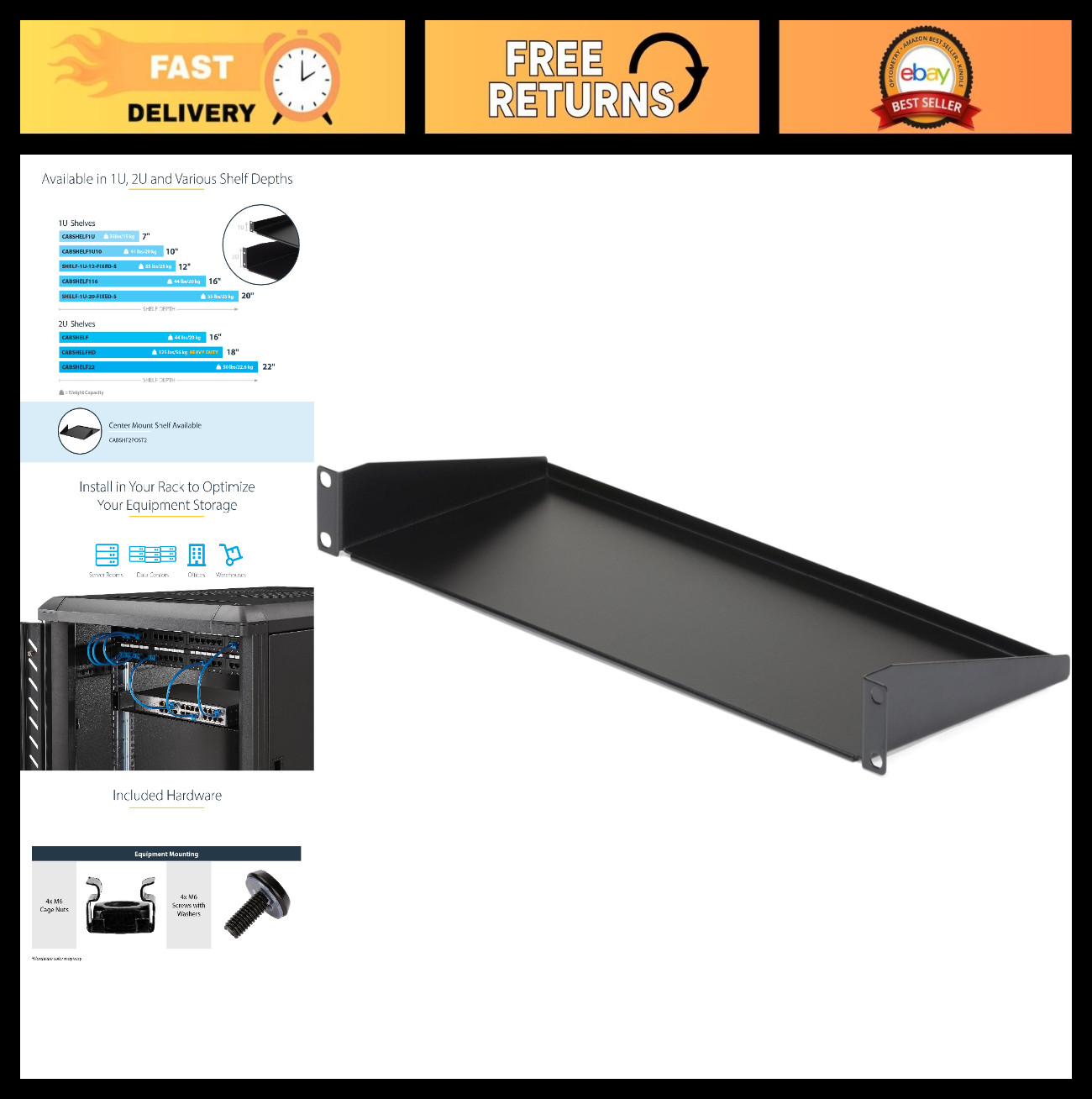 1U Cantilever Server Rack Shelf, 7in Depth, 33lb Capacity, Heavy-Duty Storage Sh