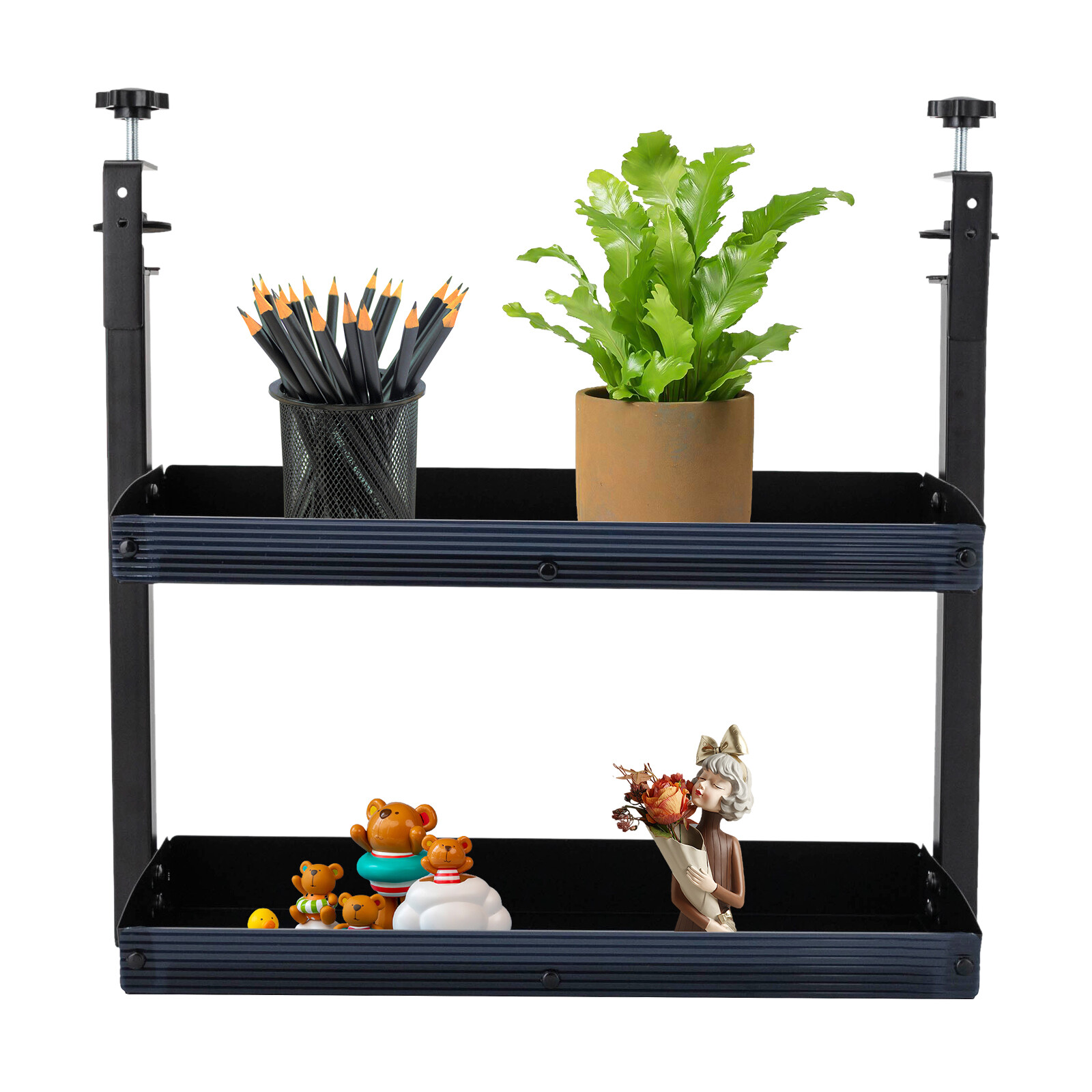 Desktop or Under-Desk Shelf Clamp-on 2-Tier Shelving W/ Adjustable Storage Tray