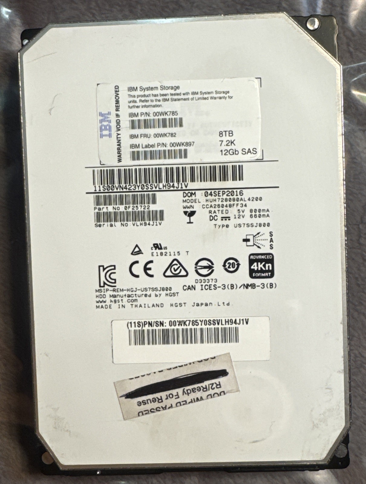 HGST IBM 8TB 7.2K 3.5″ 12GB SAS HDD 00WK785/HUH728080AL4200
