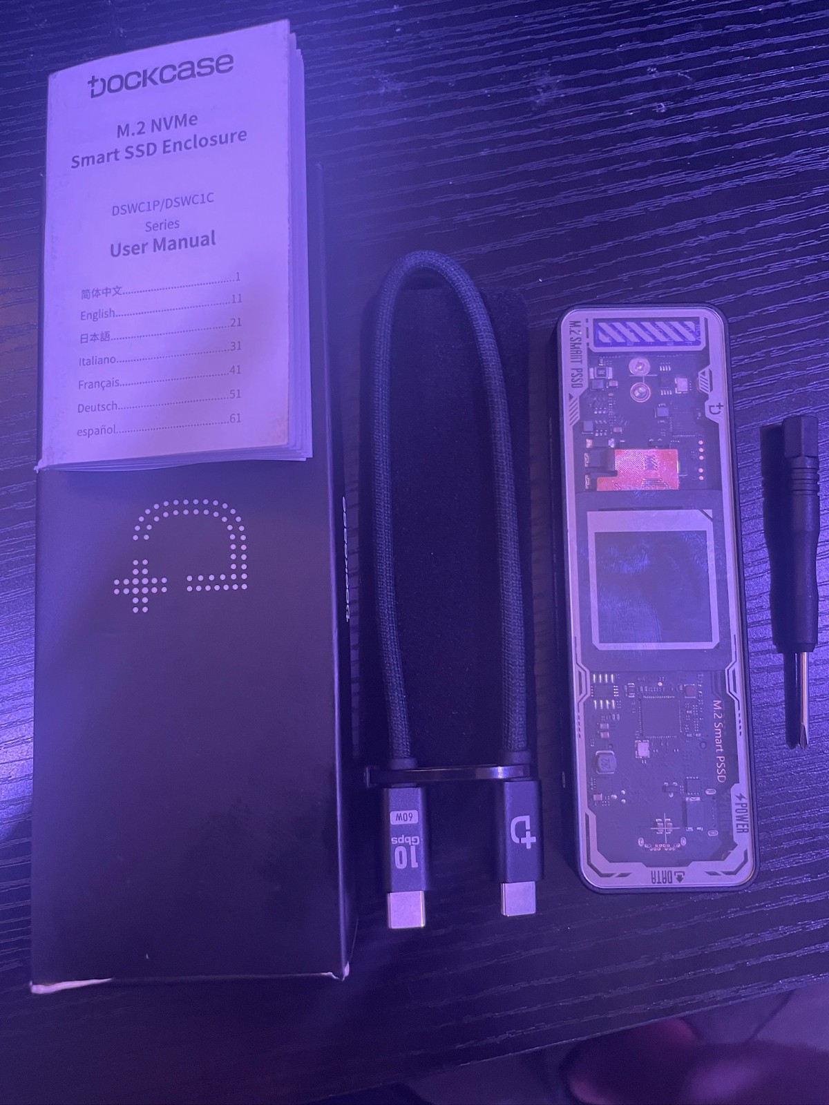 DOCKCASE Explorer Edition M.2 NVMe SSD Enclosure 10Gbps USB-C Smart LCD PLP Case