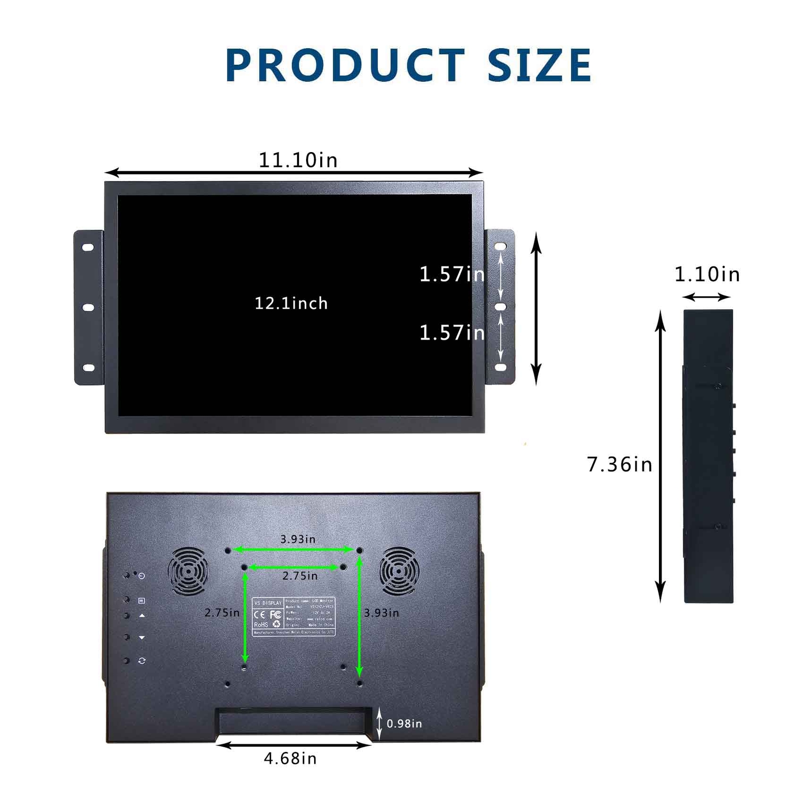 12.1in 1280×800 LCD Monitor Metal Case Black Industiral Monitor