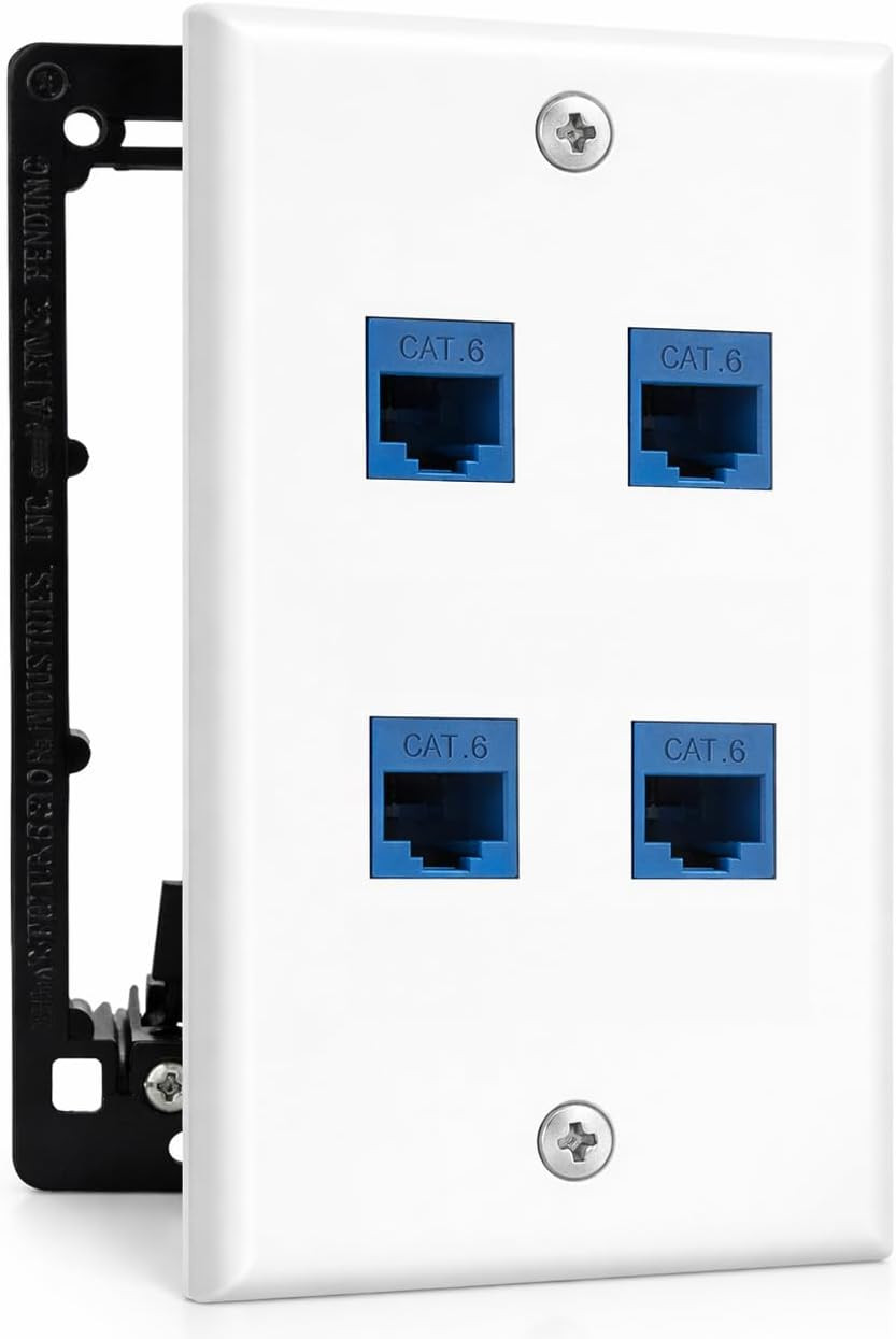 4 Port Ethernet Wall Plate, Cat 6, Wall Outlet, RJ45 Female to Female Keystone J