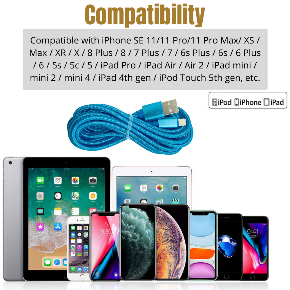 10Ft Long USB Fast Charger Cable For iPhone 14 13 12 11 8 Braided Charging Cord
